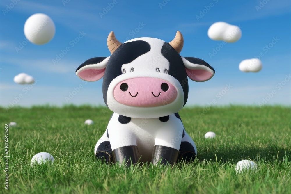 Adorable Cartoon Cow Sitting on Green Grass with Fluffy Clouds, Cute Farm Animal image for Kids Decor, Posters, and Prints Adorable Cartoon Cow Sitting on Green Grass with Fluffy Clouds, Cute Farm Animal image for Kids Decor, Posters, and Prints