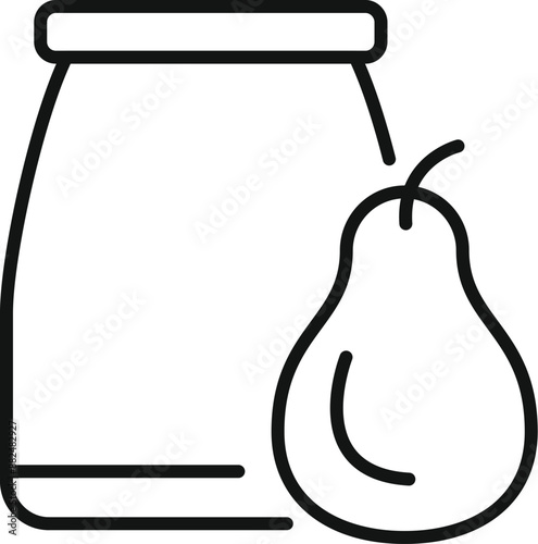 Simple line drawing of a pear next to a jar, representing the concept of pear jam making and food preservation