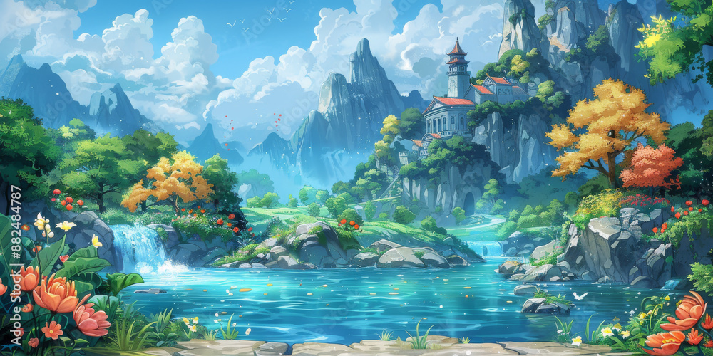 Obraz premium 新緑の草原の背景イラスト
