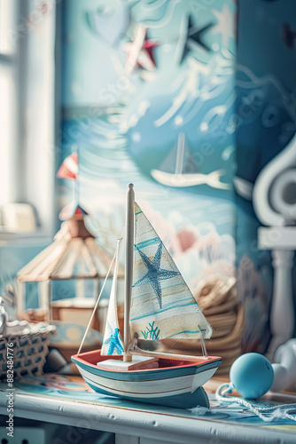 Wooden sailboat painted in nautical colors on child's desk, sea-themed decor, soft morning light.