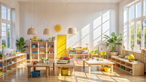 Interior of children's room with wooden toys and bookshelf