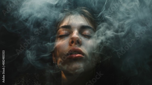 A close-up image of a woman with visible smoke emerging from her face, possibly indicating an intense emotion or reaction