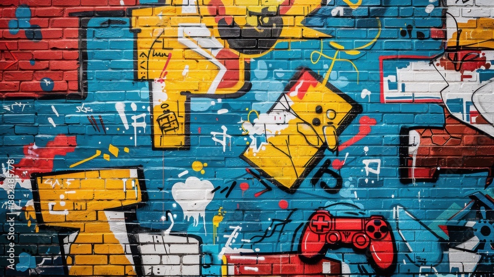Naklejka premium A vibrant brick wall covered in colorful street art featuring iconic gaming references and cartoonish characters in a dynamic and lively scene