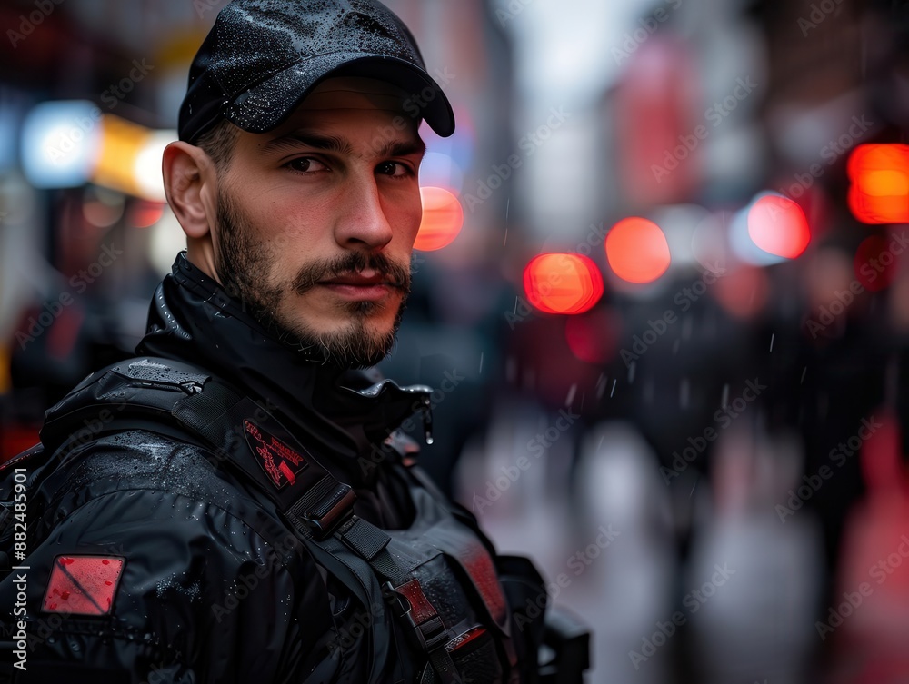 Security guard in close-up, calmly guiding customers during an emergency, leadership under pressure Security guard in close-up, calmly guiding customers during an emergency, leadership under pressure