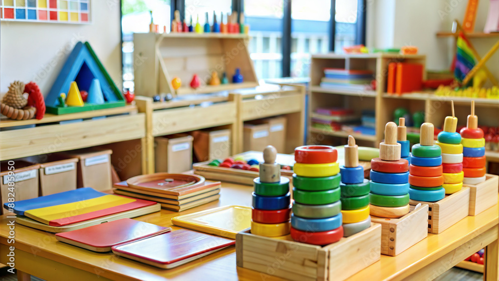 Colorful wooden toys on the shelf in the nursery. Education concept