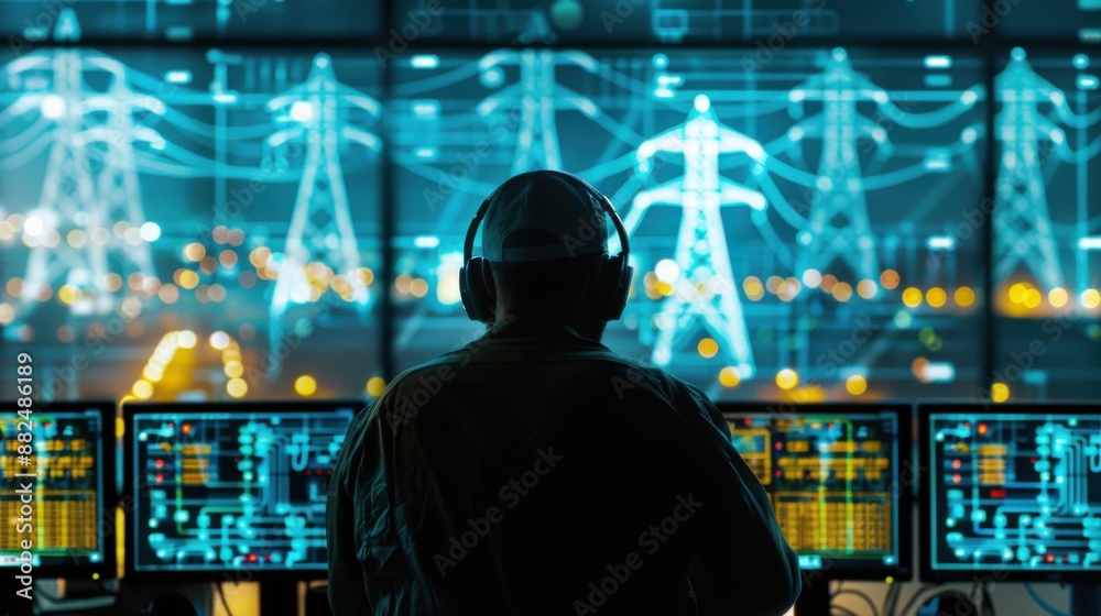 Man in a dimly lit room, facing away from a row of high-resolution computer screens displaying intricate electrical designs, with distant power towers silhouetted against the skyline Man in a dimly lit room, facing away from a row of high-resolution computer screens displaying intricate electrical designs, with distant power towers silhouetted against the skyline