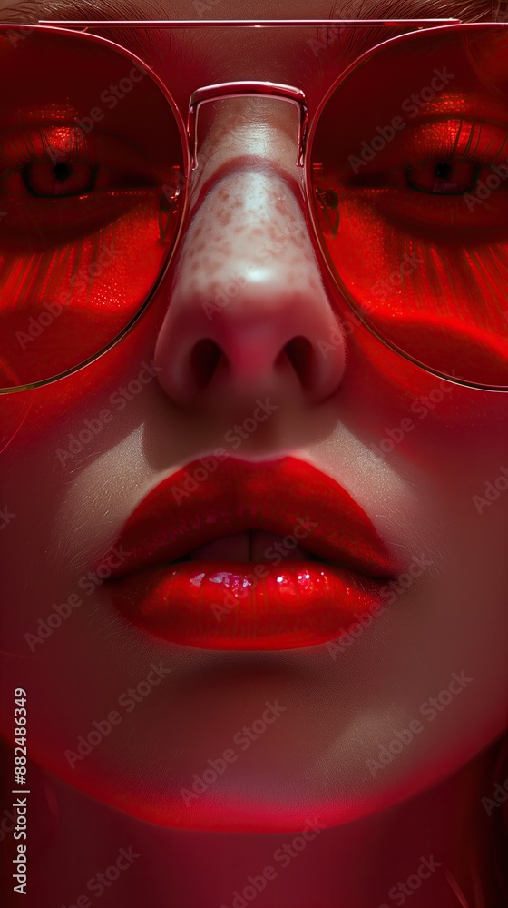 Closeup of Face of Woman with Red Lipstick and Sunglasses, Fashion and Cosmetics Model Concept, Style Glamour Design Backdrop, Makeup Business Modern Marketing Closeup of Face of Woman with Red Lipstick and Sunglasses, Fashion and Cosmetics Model Concept, Style Glamour Design Backdrop, Makeup Business Modern Marketing