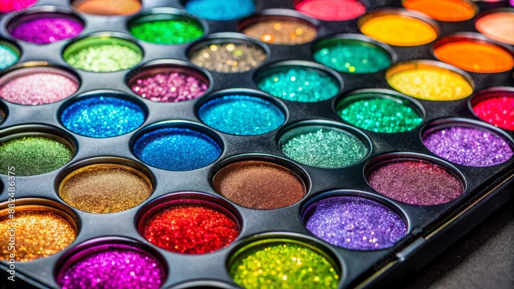 Vibrant, shimmering eyeshadow palette with bold, bright colors and sparkling glitter accents on a sleek, black cosmetic background surface.