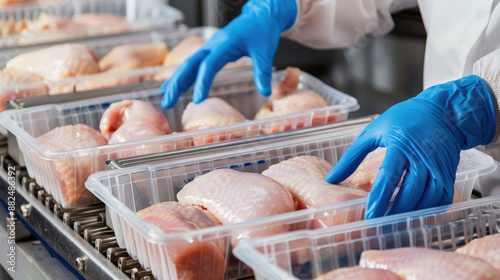 raw chicken fillet in plastic containers on the conveyor belt being adorned with blue gloves by an employee wearing white and light-blue