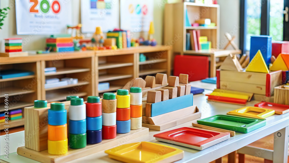 Colourful wooden toys on the table in the classroom at school Colourful wooden toys on the table in the classroom at school