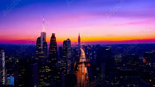 Iconic New York skyline bathes in golden sunset glow. Hyper-lapse accelerates day into night, skyscrapers silhouetted against rapidly changing sky. 
