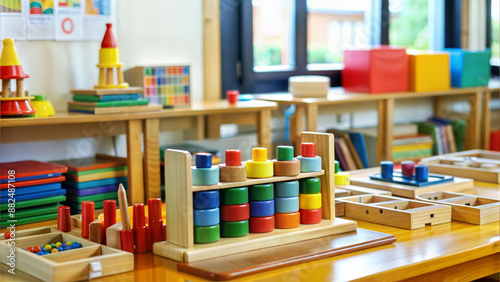 Wallpaper Mural Wooden toys on a table in the kindergarten. Educational toys for children. Torontodigital.ca