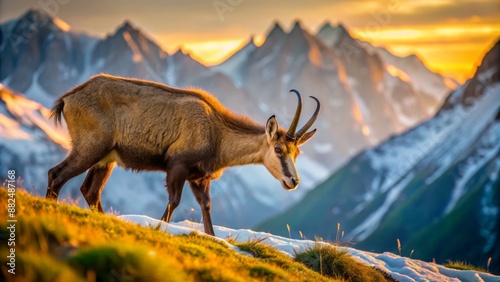Majestic Camoscio alpino with curved horns and thick fur grazing in a serene, snow-capped mountainous meadow at dawn. photo