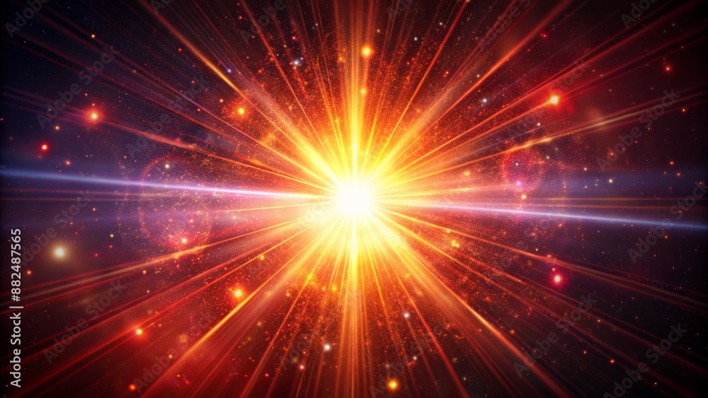 Vibrant crimson lens flare radiates from the center of a dark background, illuminating scattered particles and creating a warm, cosmic ambiance.