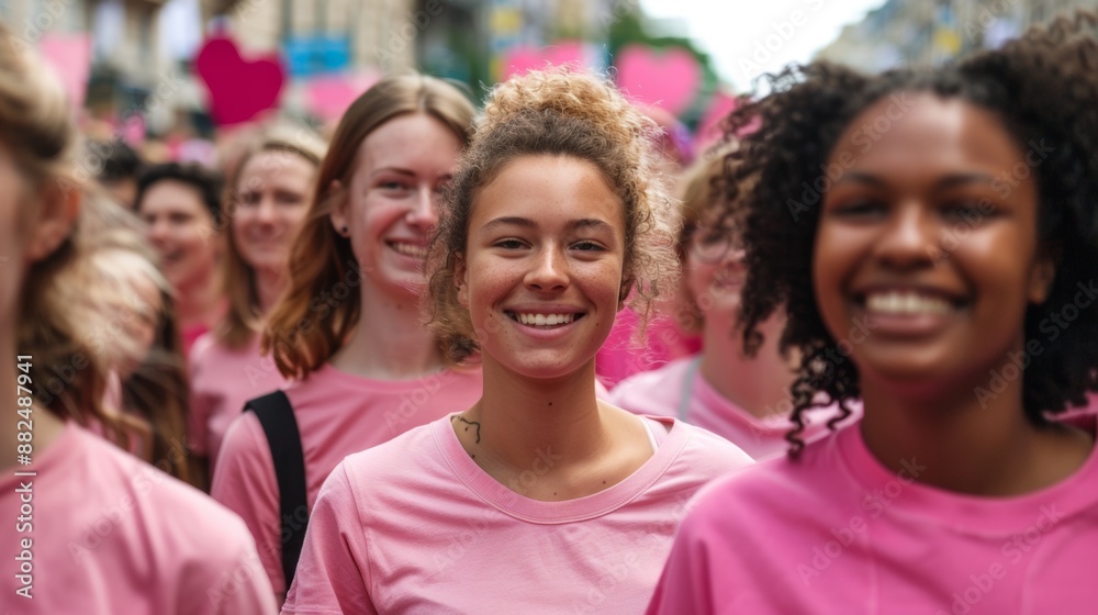 beautiful woman smiling in pink shirt in a group of women at a world breast cancer day march beautiful woman smiling in pink shirt in a group of women at a world breast cancer day march