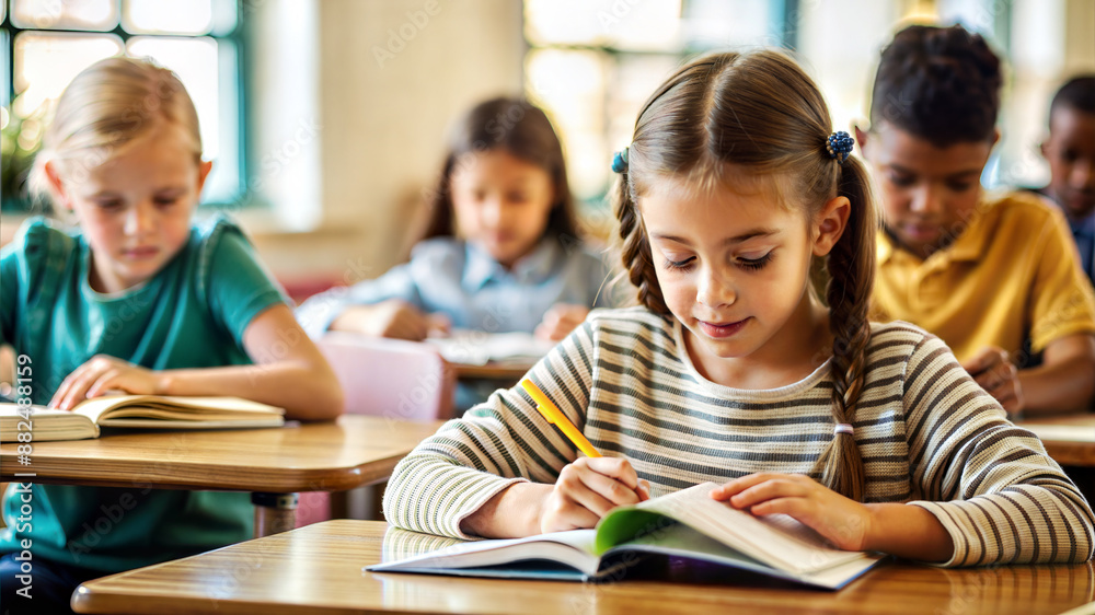 Portrait of little girl doing her homework with her classmates in background Portrait of little girl doing her homework with her classmates in background