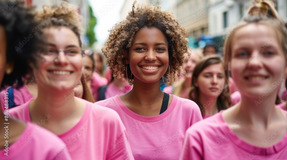 beautiful woman smiling in pink shirt in a group of women at a world breast cancer day march beautiful woman smiling in pink shirt in a group of women at a world breast cancer day march