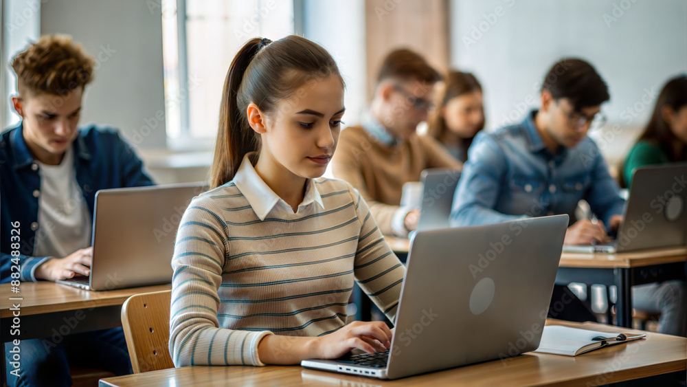 Group of students using laptop in classroom. Education and technology concept. Group of students using laptop in classroom. Education and technology concept.