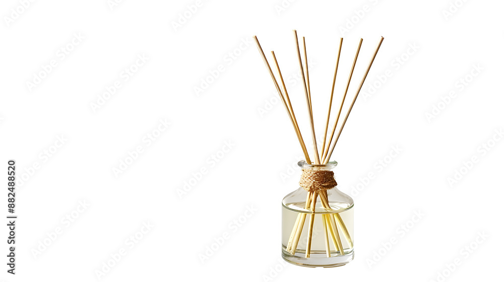 A Glass Reed Diffuser Bottle With Wooden Sticks on a White Background A Glass Reed Diffuser Bottle With Wooden Sticks on a White Background