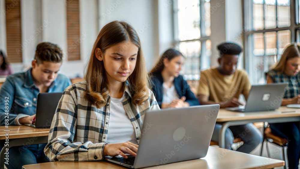 Group of students using laptop in classroom. Selective focus on girl Group of students using laptop in classroom. Selective focus on girl