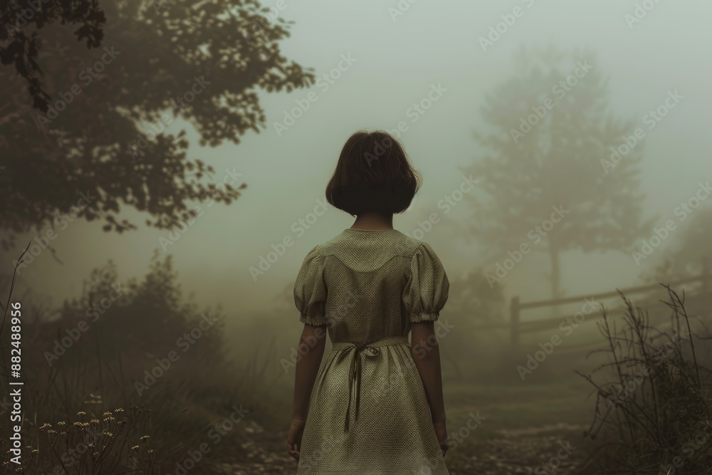 A woman stands in a misty field, wearing a dress A woman stands in a misty field, wearing a dress