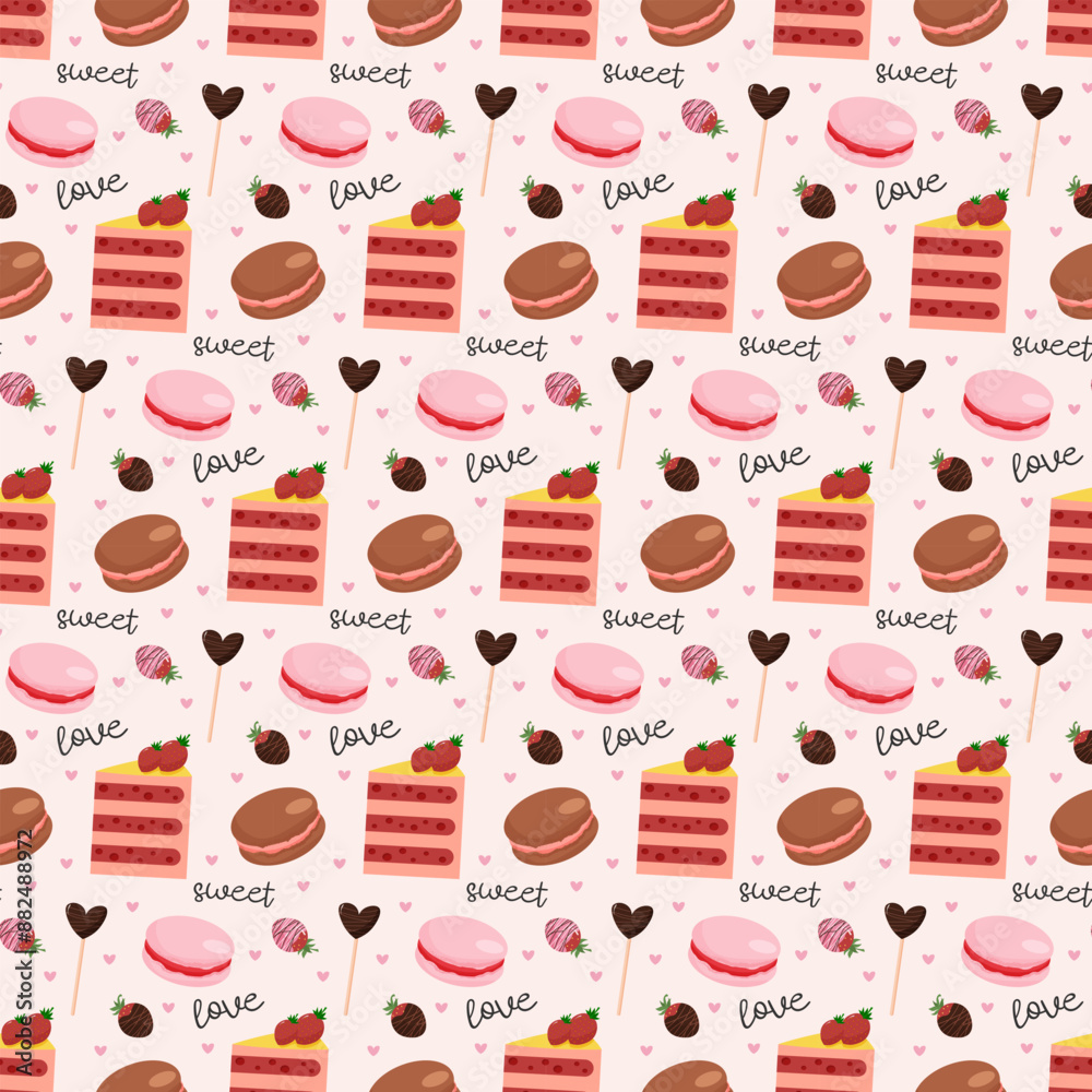 Pattern with cake and mkaroons. For Valentines Day. Fruit sweets. Chocolate and strawberry. Pink background. Vector illustration Pattern with cake and mkaroons. For Valentines Day. Fruit sweets. Chocolate and strawberry. Pink background. Vector illustration