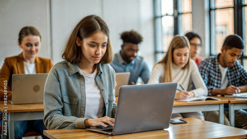 Group of multiethnic students sitting at desks and using laptop in classroom Group of multiethnic students sitting at desks and using laptop in classroom