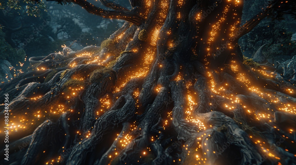 Magical tree with glowing roots at night in a mystical forest ...