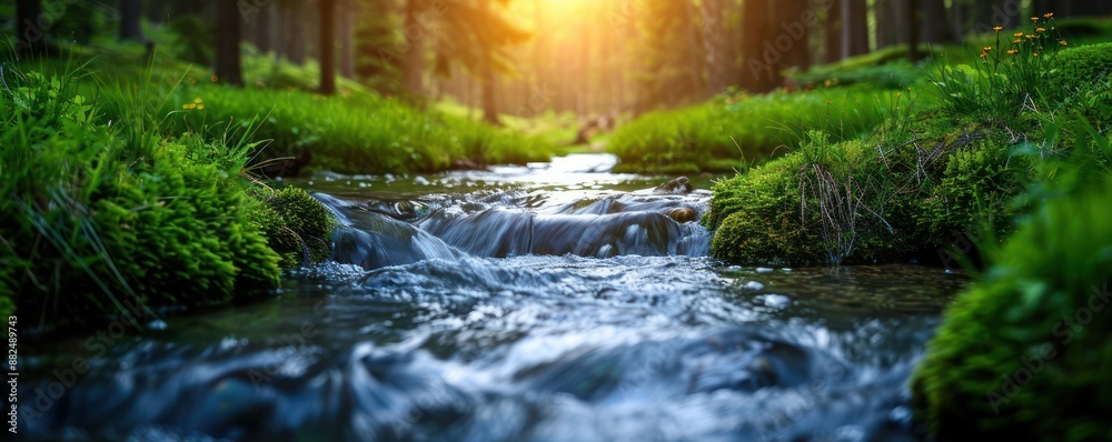 Serene Forest Stream Untamed Waterway in Nature's Embrace, Tranquil Wilderness Scene with Lush Greenery and Flowing Water Serene Forest Stream Untamed Waterway in Nature's Embrace, Tranquil Wilderness Scene with Lush Greenery and Flowing Water