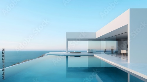 Modern minimalist sustainable house with a clear blue pool with sleek white walls, and a serene sky backdrop. 