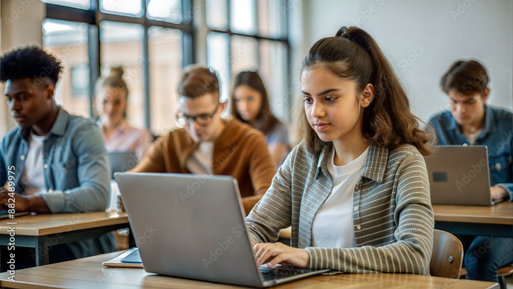 Portrait of female student working on laptop while sitting at desk in classroom Portrait of female student working on laptop while sitting at desk in classroom