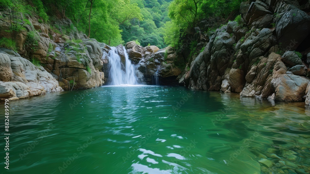 Stunning View of a Dramatic Gorge Stream with a Waterfall Cascading into a Serene Pool, Nature Photography Stunning View of a Dramatic Gorge Stream with a Waterfall Cascading into a Serene Pool, Nature Photography