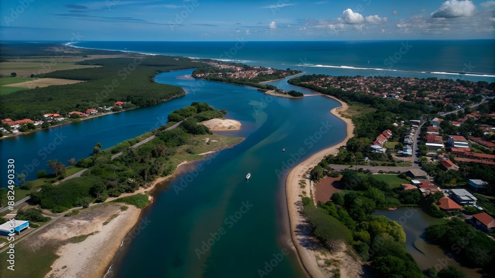 Aerial image of the Capivara River at the Arembepe Outfall in the municipality of Camaçari, Bahia, Brazil. Aerial image of the Capivara River at the Arembepe Outfall in the municipality of Camaçari, Bahia, Brazil.