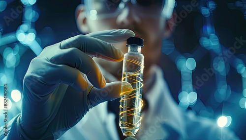 Science and medical, Scientists or Health care researcher holding test tube and analyzing data DNA gene transfer and gene therapy disease treatment and prevention in scientific chemical laboratory. photo