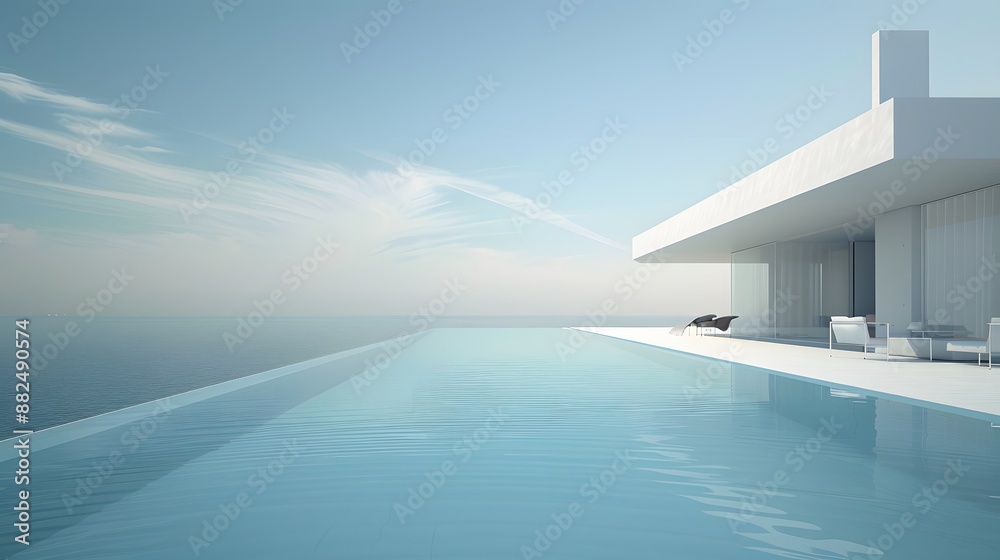 Modern minimalist sustainable house with a clear blue pool with sleek white walls, and a serene sky backdrop. Modern minimalist sustainable house with a clear blue pool with sleek white walls, and a serene sky backdrop.