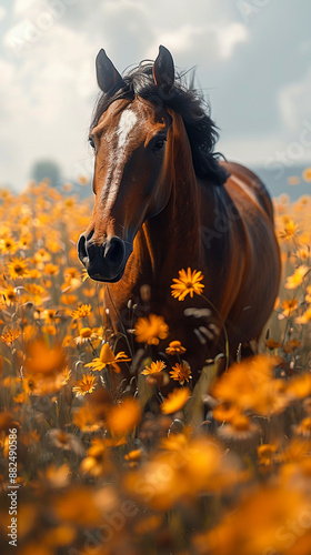 Majestic Horse Galloping in a Serene Meadow – Ultra-Realistic 8K Photo Rendering with Soft Colors and Top-Quality Detail