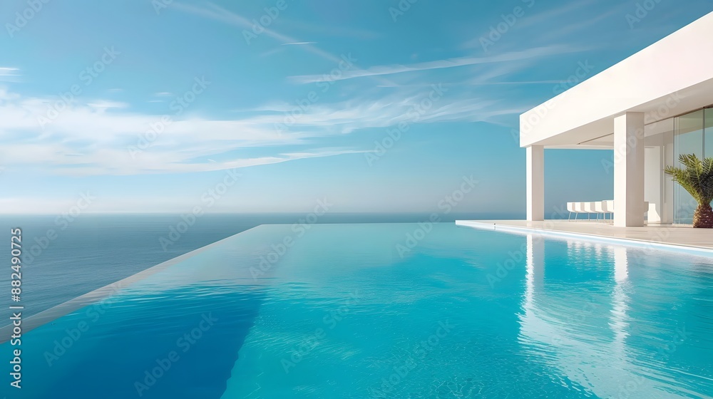 Fototapeta premium Modern minimalist sustainable house with a clear blue pool with sleek white walls, and a serene sky backdrop. 