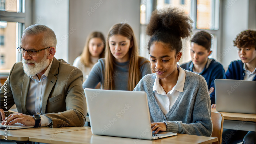 Group of multiethnic students using laptop computer while sitting in classroom Group of multiethnic students using laptop computer while sitting in classroom