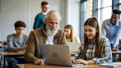 Wallpaper Mural Portrait of a teacher and students sitting at a table in a classroom Torontodigital.ca