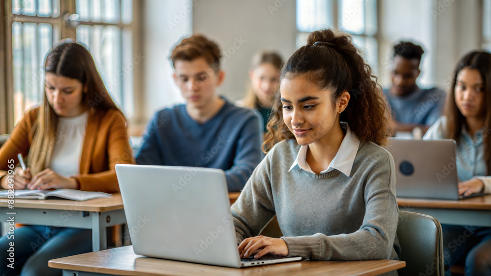 Portrait of a female student using a laptop in an auditorium Portrait of a female student using a laptop in an auditorium