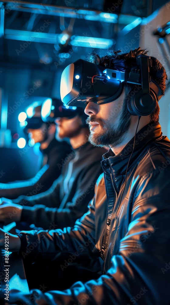 Focused gamers wearing virtual reality headsets compete in an immersive gaming tournament with blue ambient lighting in a tech-savvy environment.