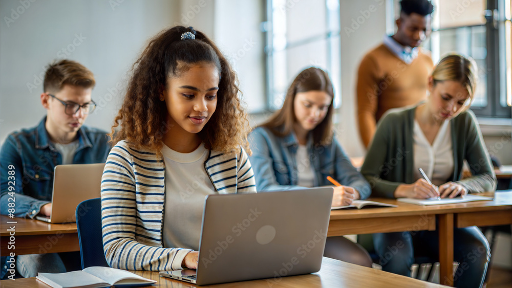 Group of young multiethnic students sitting in classroom and using laptop