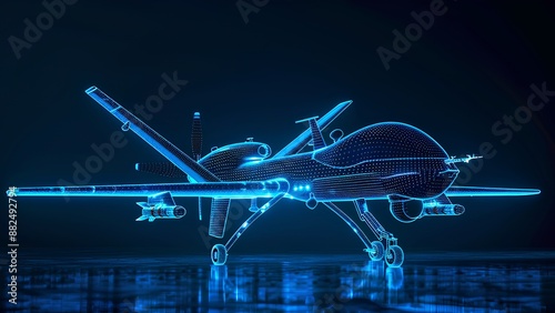 military drone wire frame glowing blue