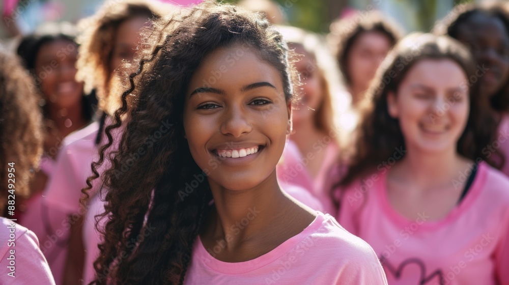 beautiful woman smiling in pink shirt in a group of women at a world breast cancer day march beautiful woman smiling in pink shirt in a group of women at a world breast cancer day march