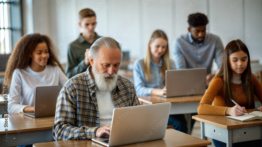 Group of multiethnic students using laptop in classroom. Selective focus. Group of multiethnic students using laptop in classroom. Selective focus.