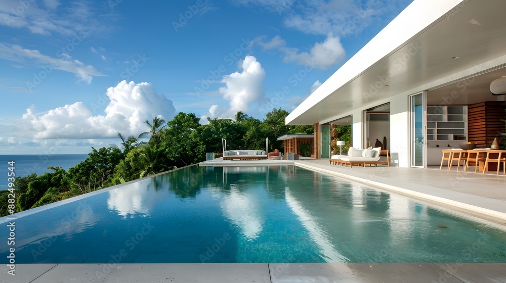 Fototapeta premium Modern minimalist sustainable house with a clear blue pool with sleek white walls, and a serene sky backdrop. 
