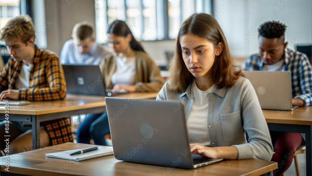Serious female student working on laptop while sitting at desk in classroom Serious female student working on laptop while sitting at desk in classroom