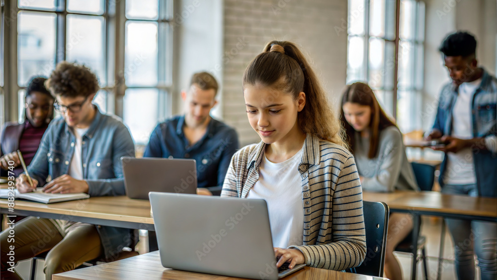 Young female student using laptop computer while sitting at table in classroom with other students Young female student using laptop computer while sitting at table in classroom with other students
