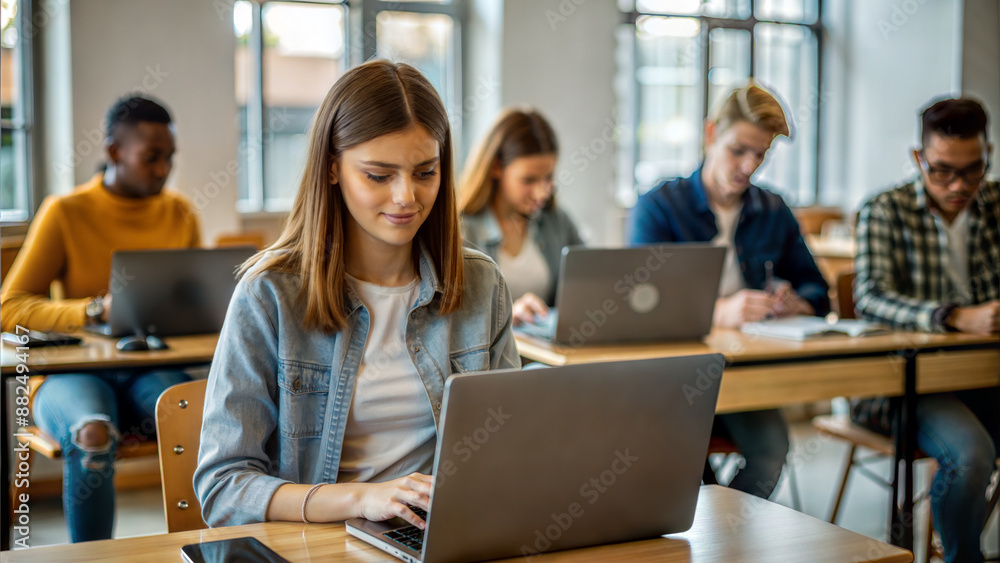 Young female student using laptop in classroom with group of students in background