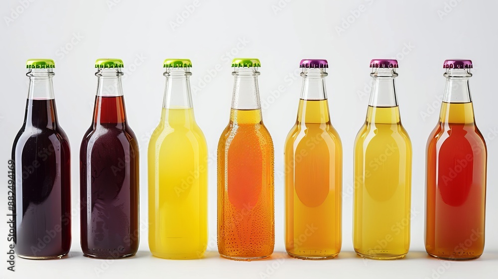 A row of bottles with different juice on a white isolated background A row of bottles with different juice on a white isolated background